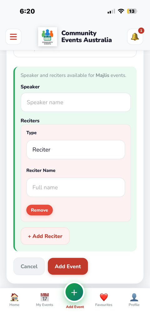 Add Event form showing date, time, address and event type fields
