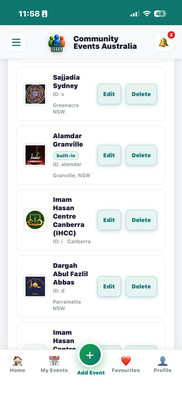 Admin organisations list showing additional centres and organisation logos