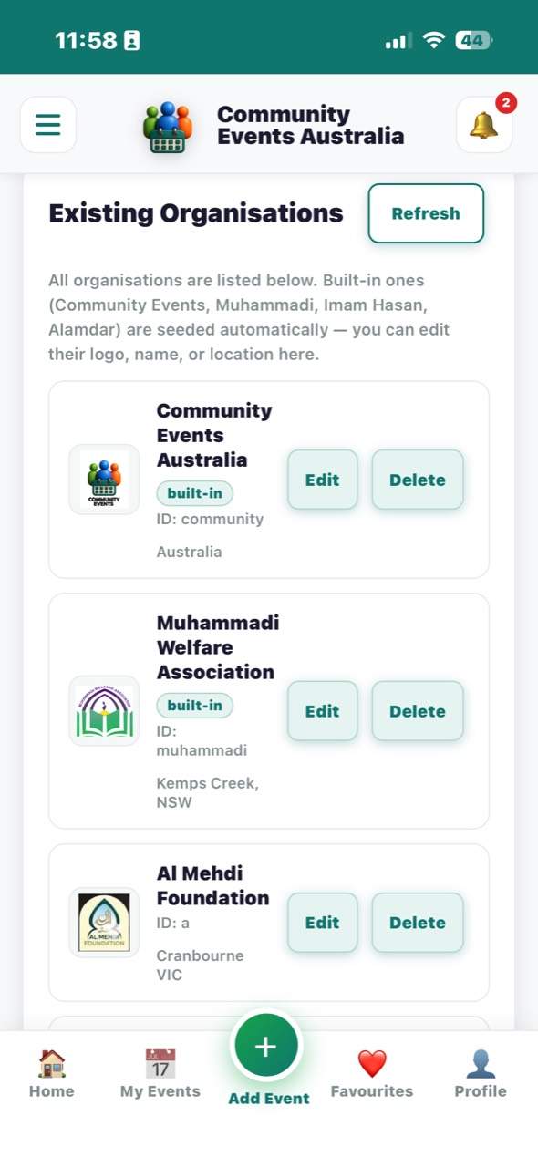Admin organisations list showing built-in organisations and edit controls