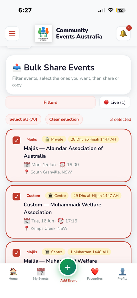 Bulk Share Events screen showing multiple selected events