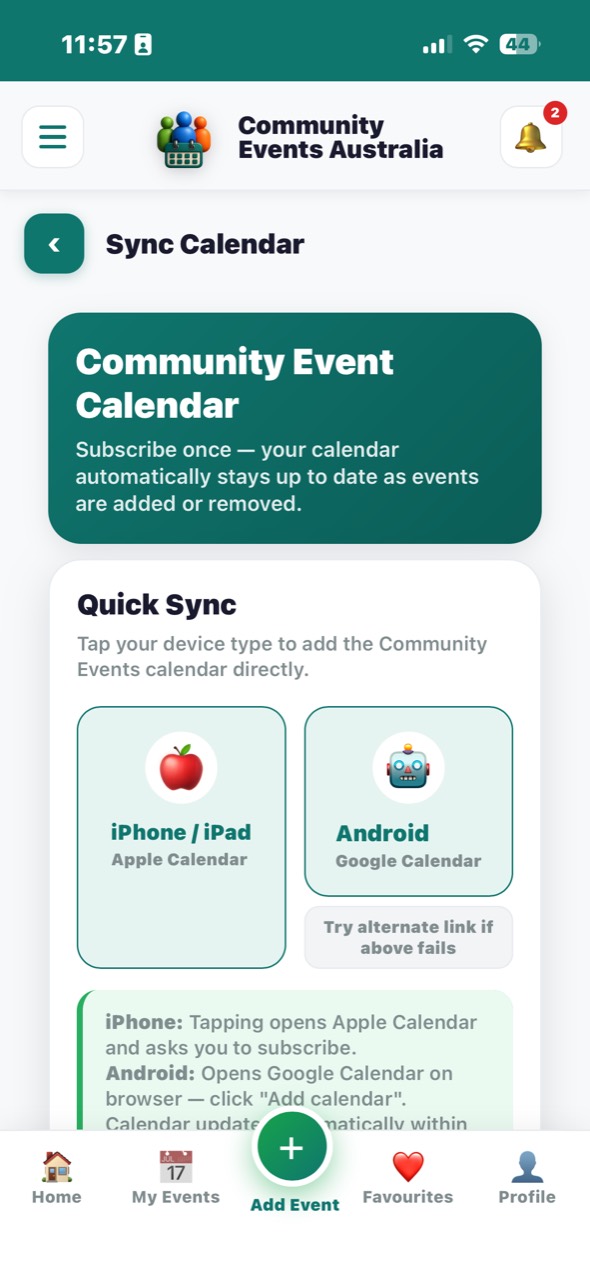 Sync Calendar screen with iPhone/iPad and Android quick sync buttons