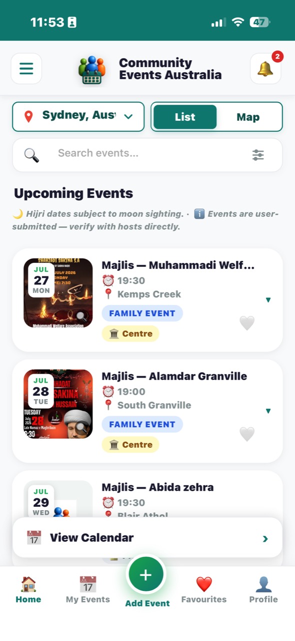 Home screen showing city selector, list view and upcoming events