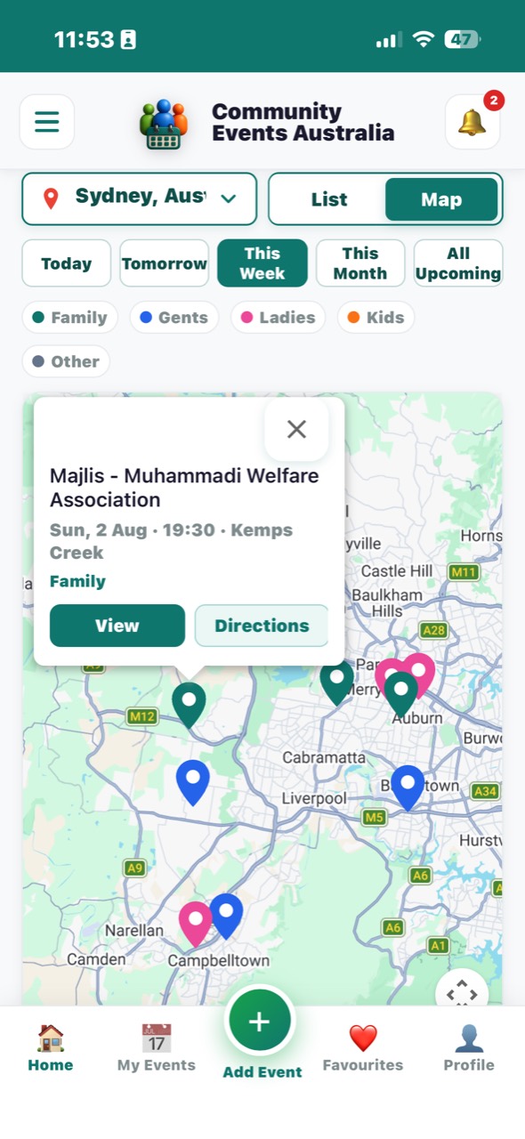 Map view showing city selector, audience filters and event marker popup