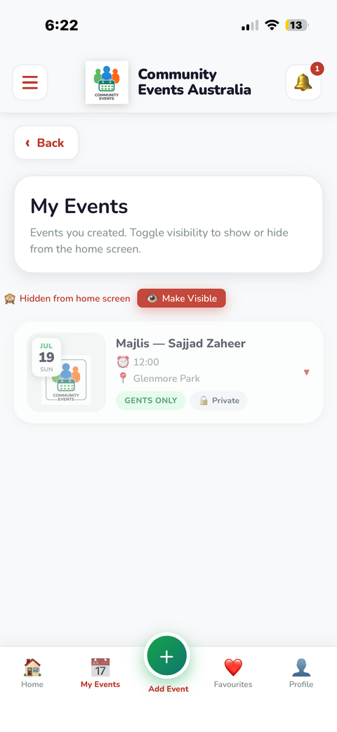 My Events showing a visible event with Hide Event button