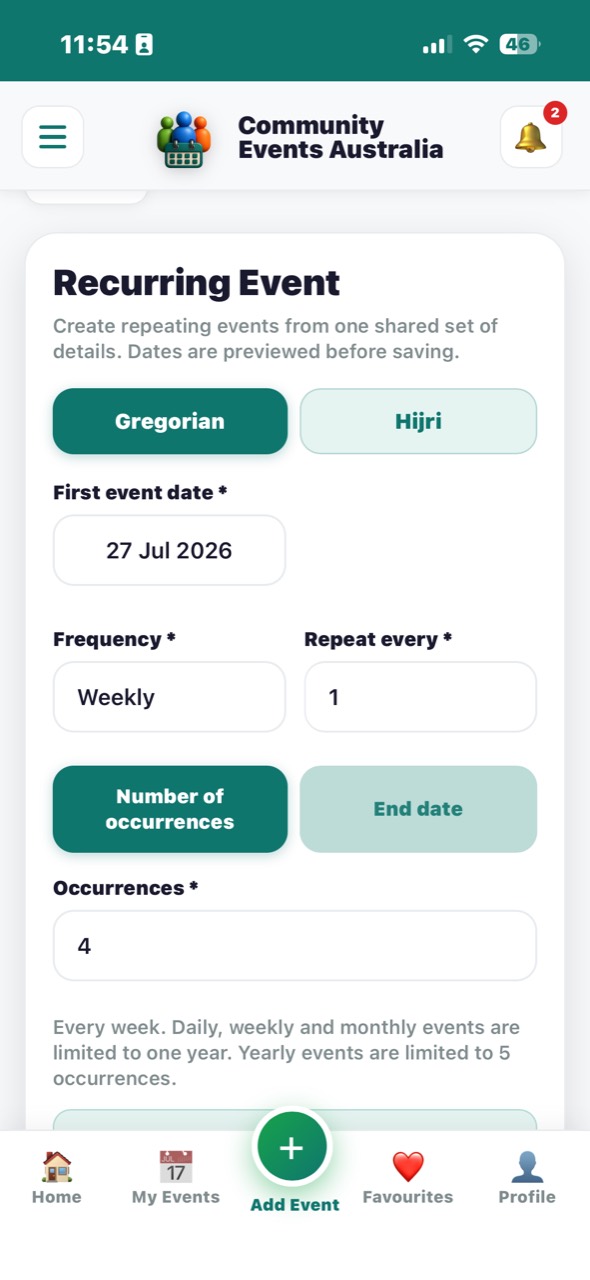 Recurring event form with Gregorian and Hijri date options, frequency and occurrences