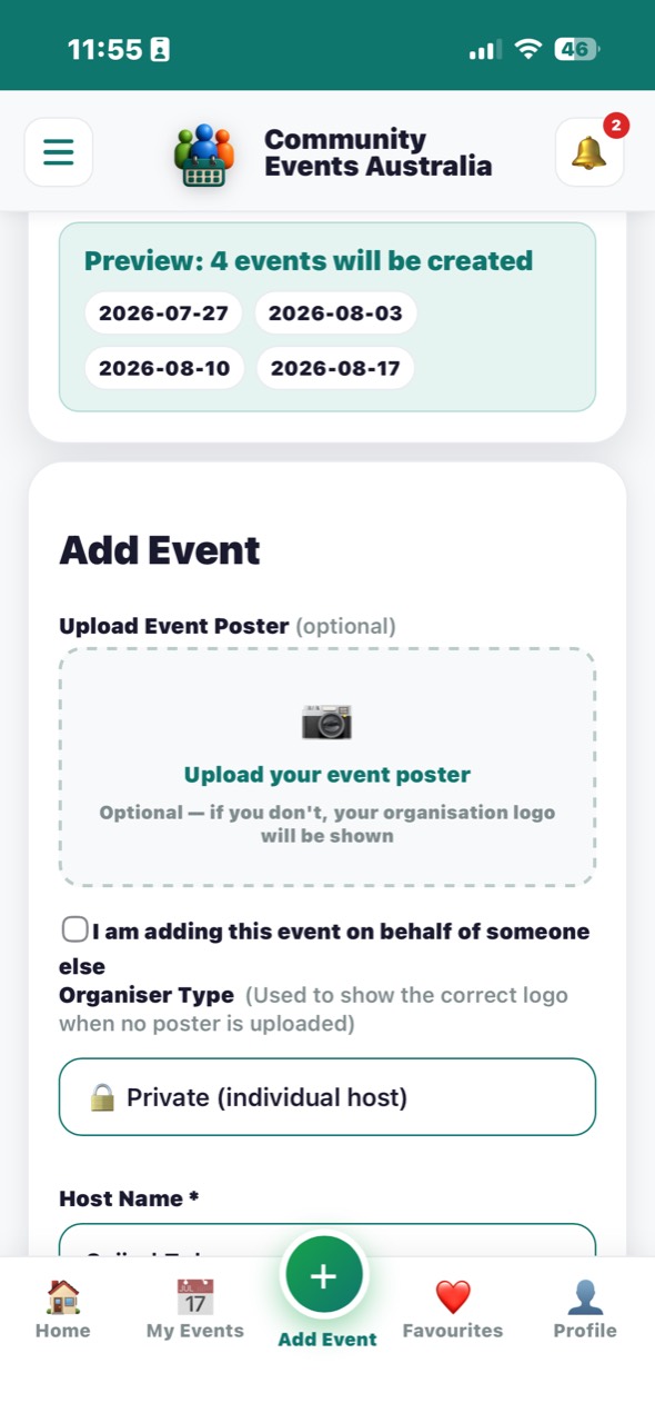 Recurring event preview showing generated dates and the Add Event form