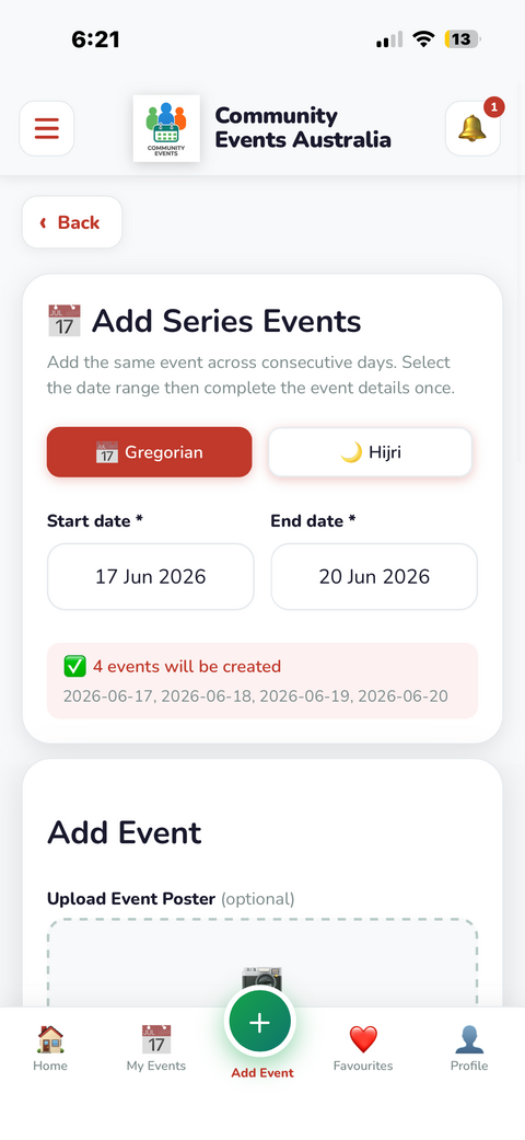 Add Series Events form with start and end date pickers