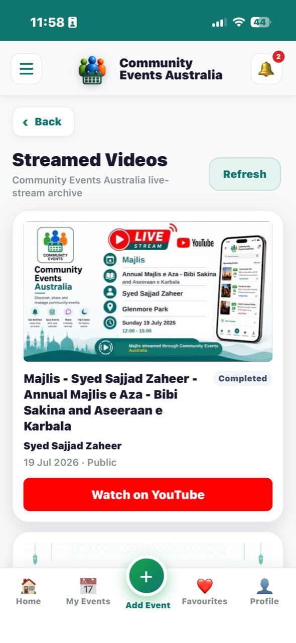 Streamed videos archive with YouTube thumbnail and Watch on YouTube button